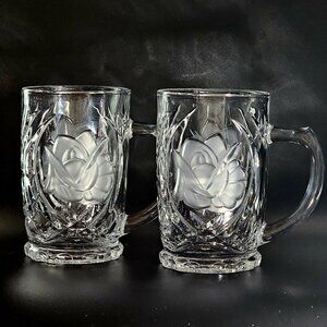 2) Mikasa Rose Pearls Glass Mugs 5" frosted crystal coffee tea cup cabbage rose